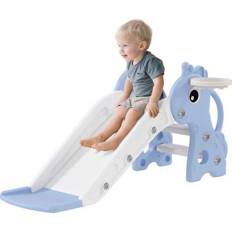 Toboggan 3 en 1 pour enfants de 1 à 3 ans avec échelle, panier de basket et motif girafe, 106 x 51,5 x 52 cm, bleu (1/5)