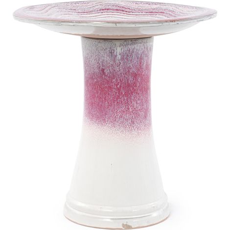Bain d'oiseaux sur pied en céramique Ø 43 x H 45 cm, blanc et rose rouge, fait main, résistant au gel et aux intempéries, pour jardin balcon terrasse CHICFURN (1/5)