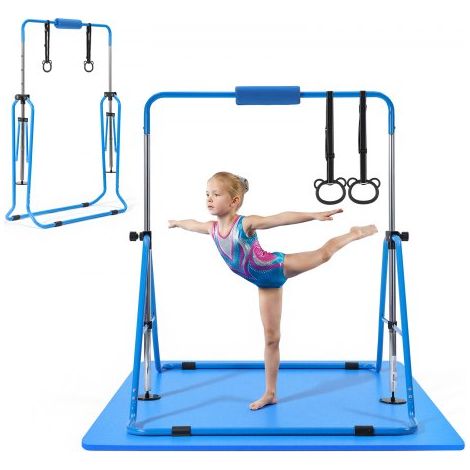 Barra de Gimnasia Plegable Capacidad de 63,5 kg con Colchoneta, Barra Horizontal con Altura Ajustable de 5 Niveles 914 a 1321 mm, Equipo de Entrenamiento en Casa, Estructura Estable, Azul