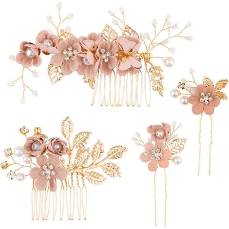 4 Pièces Peigne à cheveux, Design fleuri avec strass et perles, Alliage robuste, Pour mariage bal fête, Femme et fille（Q3 : Nouveaux produits pour le mois d'août） (1/5)