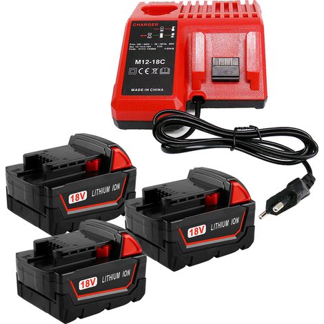 3 Stück M18B5 Akku mit M12-18C Ladegerät Ersatz für Milwaukee 18V 5.0Ah Lithium-Ion Ersatzakku Akkupack für Milwaukee 48-11-1890, 48-11-1860, 48-11-1850, 48-11-1840, 48-11-1828, 48-11-1822 (1/5)