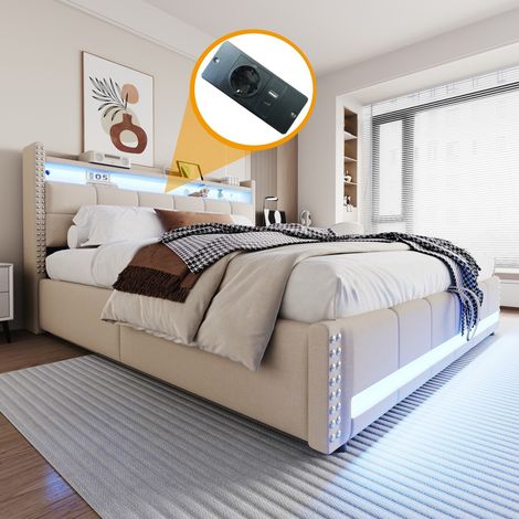 Lit double 180x200 rembourré beige avec éclairage LED, prise USB, tête de lit rangement et mécanisme levage hydraulique intégré (sans Matelas) (1/5)