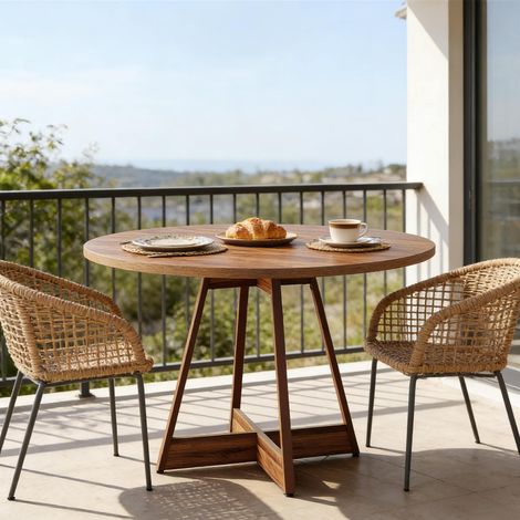 Mesa redonda Ø 100 cm marrón de MDF con base central, estilo rústico y ahorro de espacio (1/5)