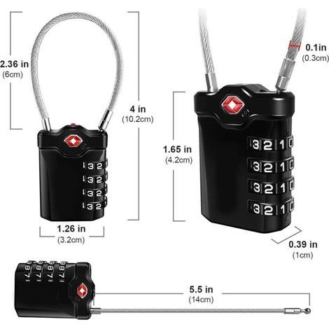 pair Code 4 Chiffres Cadenas Bagage pour Valise Voyage Cadenas Casier Collège avec Fonction d'alerte Bagages Ouverts et Cable en Acier (Noir)-1 article-Fei Yu