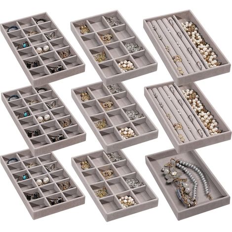 Vassoio portagioie impilabile in velluto, inserto per cassetto per orecchini, anelli, orecchini a perno, collane, scatola portagioie, set da 9 pezzi (grigio)