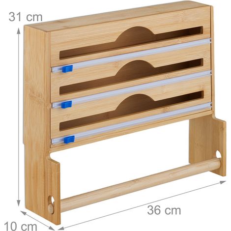 Distributeur mural 3 en 1 pour film alimentaire 34 x 10 x 15 cm coupe nette ambiance naturelle en bambou beige (1/5)