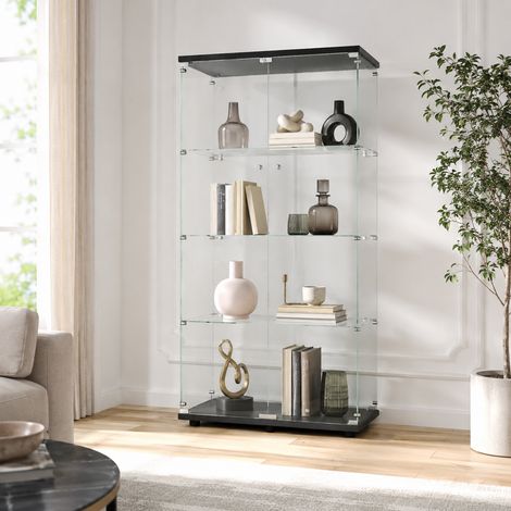 Vitrine en Verre avec Serrure de Sécurité, Vitrine Armoire 4 Étagères 2 Portes, Meuble Vitrine Verre Trempé, Noir