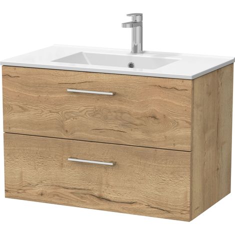 Pershall Contemporary Wall Hung 2 Drawer Vanity Unit with Minimalist Ceramic Basin, 800mm, Autumn Oak