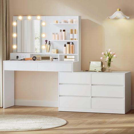 Coiffeuse avec Miroir LED et Multiprise, 9 Ampoules, 8 Tiroirs, 3 Étagères, Éclairage 3 Couleurs, Modulable en Ligne ou en L, Table de Maquillage, Blanc Nuage RDT140WB01 (1/5)