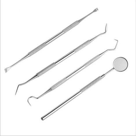 Ensemble de soins dentaires 4 pièces, détartreur en acier inoxydable, instrument dentaire, sonde de nettoyage de la plaque dentaire, kit dentaire, sonde dentaire, détartreur, miroir buccal (argenté, 8 (1/5)