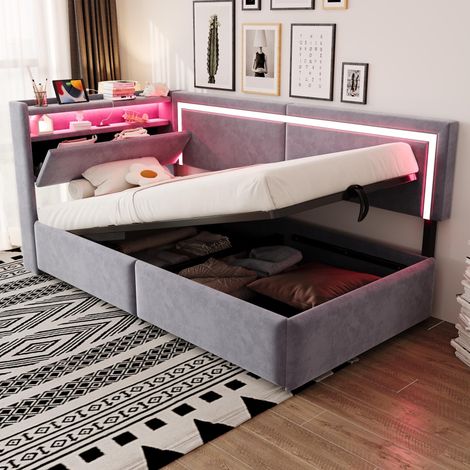 , Canapé-lit capitonné 90x200cm avec éclairage LED et ports de chargement USB. La tête de lit s'ouvre pour offrir un espace de rangement. Système de rangement hydraulique sous le lit... (1/5)
