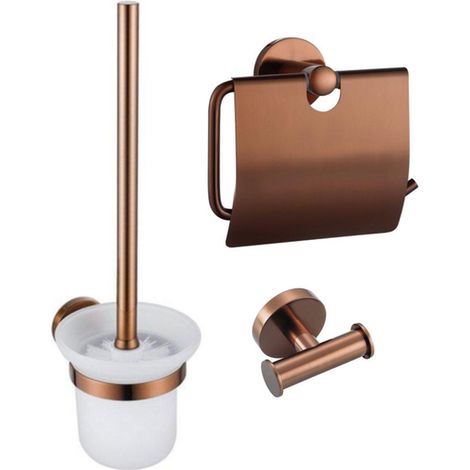 Fortifura Calvi Pack WC 3 pièces - porte-rouleau avec couvercle - brosse de toilette - crochet à serviette double rond - Cuivre brossé PVD (Cuivre) (1/5)