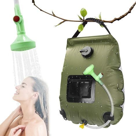 Douche solaire de camping, sac de douche portable solaire, sac à eau extérieur pliable de 20L avec tête de douche commutable et chauffe-eau solaire pour la randonnée et l'escalade (vert armée) (1/5)