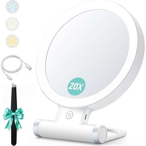 Miroir grossissant avec lumière, 20x/1x, Double Face, Miroir de Maquillage Portable, éclairage 3 Couleurs, écran Tactile à intensité Variable (1/4)
