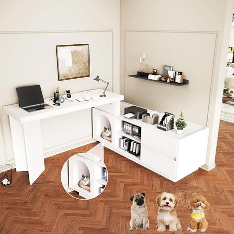 Bureau d'angle avec tiroir et niche pour animaux, table en L pour bureau à domicile, MDF – 120 x 50 x 72 cm, blanc (1/5)