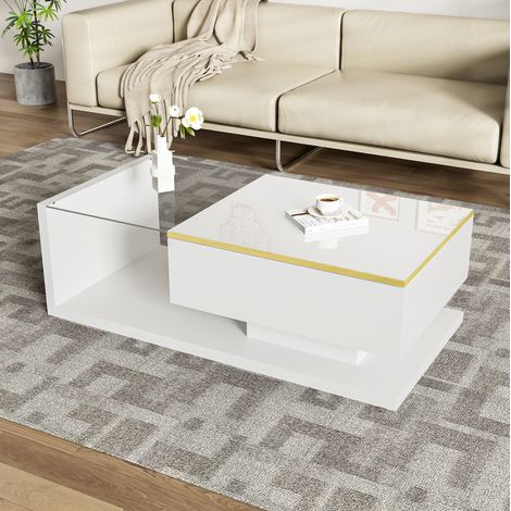 Tavolino da caffè 100 cm bianco lucido con piano in vetro temperato, LED 16 colori HAVRYA (1/5)
