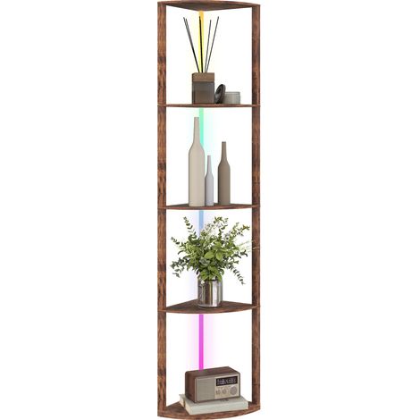 RGB LED Floor Lamp with Shelves, 5-Tier Dimmable Standing Lamp with Adjustable Brightness Remote Control, Modern Corner Display Shelf Unit for Living Room Bedroom Office, Rustic Brown (1/5)