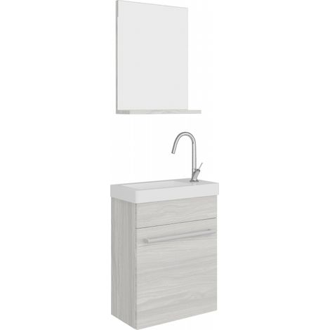 Mueble de baño suspendido 40 cm roble gris con lavabo y espejo - Penne