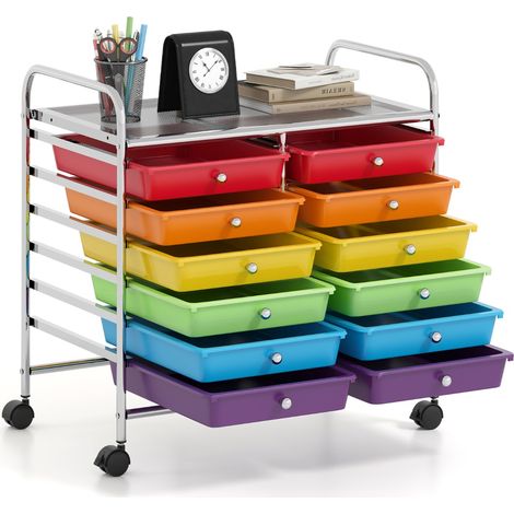Carrello portaoggetti con 12 cassetti e ampio piano di lavoro Cassettiera con 4 ruote Colorato (1/4)