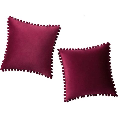 Housse De Coussin Velours - 18x18 Pouces - Avec Pompons - Pour Canapé Chambre Bureau Voiture - Lot De 2 (1/5)