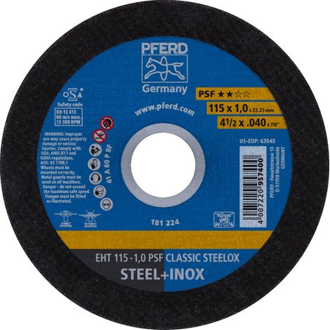 PFERD TOOLS Trennscheibe EHT 115x1,0x22,23 mm gerade Universallinie PSF CLASSIC STEELOX für Stahl/VA 25 Stk