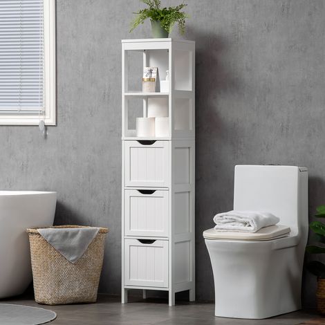 Mobiletto da bagno alto e stretto con 3 cassetti e 2 ripiani a giorno, stile moderno, 30x30x141,6 cm, bianco. (1/5)