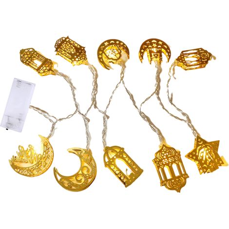 Guirlande lumineuse 10 LED 1,6 m avec lanternes métalliques dorées pour décoration Ramadan, fêtes et événements intérieur/extérieur