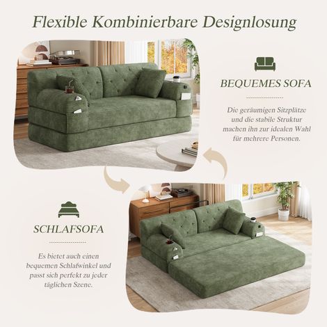 Canapé convertible 2 places velours côtelé compressé, dossier surélevé, piètement acier, mousse résiliente, 2 supports de verres, 4 rangements latéraux, parfait pour studio ou séjour, couleur verte (1/5)