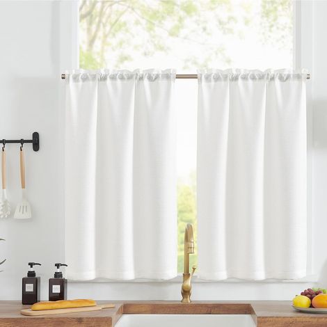2 Panneaux Rideau Cuisine Blanc 90x90cm,à Passe Tringle,Pour Placard Fenetre,Evier