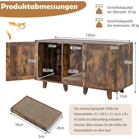 Katzenschrank fur katzentoilette mit 2 turen kratzbrett eingang 120 x 52 x 65 cm vintage