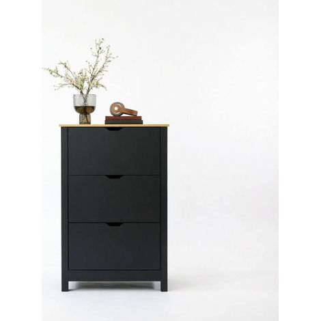 Meuble à chaussures 3 portes battantes, 2 niveaux par compartiment, séparation réglable à 2 positions, finition bois clair et noir, meuble d’entrée contemporain – CHICFURN (1/5)