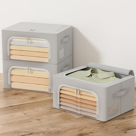 Gris, 24 L, lot de 3 boîtes de rangement pliables pour vêtements, housse de rangement pour couette, organiseur de vêtements avec cadre en métal, empilable (1/5)