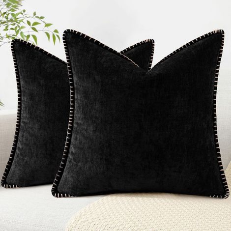 BEBUSINGOTO Set aus 2 weichen Dekokissenbezügen, 45 x 45 cm, aus neutralem Samt im Landhausstil, mit gestepptem Rand, für Sofa, Bett und als Wohnaccessoire, schwarz (1/5)