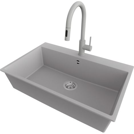 PRIMAGRAN Evier Cuisine en Granit 78x50cm,Lavabo 1 bac + Robinet 40x20cm + Kit de Vidage, Évier à Encastrer au meuble 80cm - Riga, Gris (1/5)