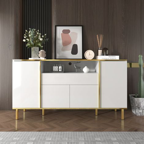 Commode blanche laquée brillante 150x40x80 cm tiroir meuble rangement chambre (1/5)