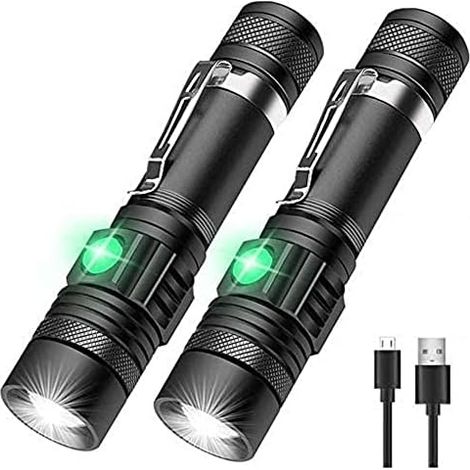 Lot de 2 lampes torches tactiques LED rechargeables, 2000 lumens ultra-lumineuses, zoomables, étanches IPX6, format de poche, en aluminium, idéales pour la randonnée, le camping et les situations d'ur (1/4)