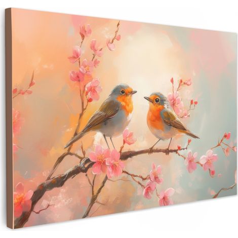TABLEAU SUR TOILE Merle - Ornemental - Branche fleurie Tableau Cuisine Décoration murale 90x60 cm