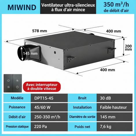 Ventilateur de conduit VMC silencieux flux simple débit 350 spécification 60 pour hôtel et sanitaire, 65 × 47 × 27,5 cm, 9,2 kg – Livraison gratuite