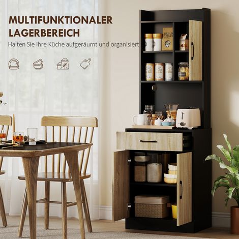 Meuble de cuisine avec plan de travail et passe-câbles, commode moderne avec tiroir, 3 étagères ouvertes, bois naturel, noir (1/5)