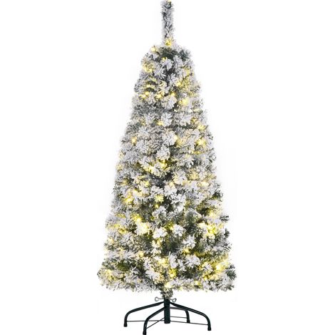 4FT Prelit Artificial Snow Flocked Christmas Tree  Warm White LED Light, Holiday Home Xmas Decoration, Green White (1/5)