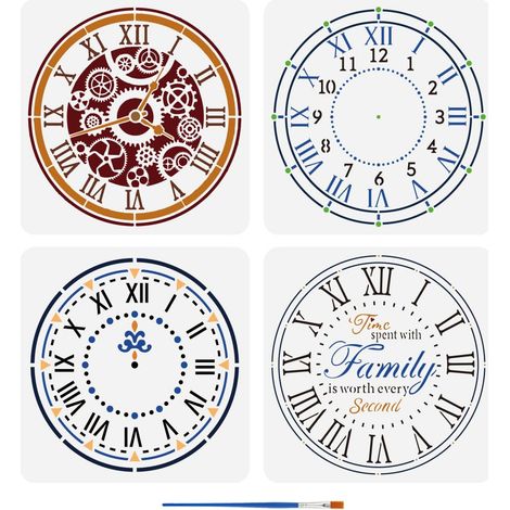 4Pcs Pochoir de Peinture D'Horloge Avec Pinceau 30X30cm Pochoir de Cadran D'Horloge Pochoir à Chiffres Arabes Aiguille Des Heures Modèle D'Aiguille Des Secondes Engrenages Lettres (1/5)