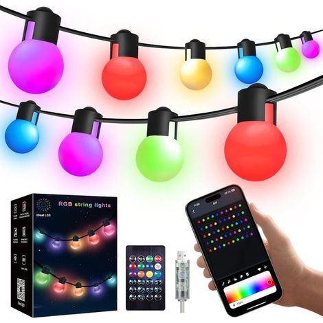 10-meter outdoor string light, equipped with 50 RGB LED bulbs, controllable via an app and a remote control. (1/5)