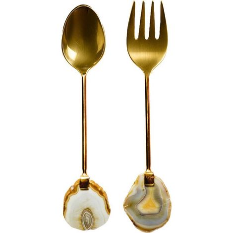 Couverts à Salade en Acier Doré et Beige Pierre Agate Ustensiles de Service 30 x 6 x 1 cm - PANGIVO (1/4)