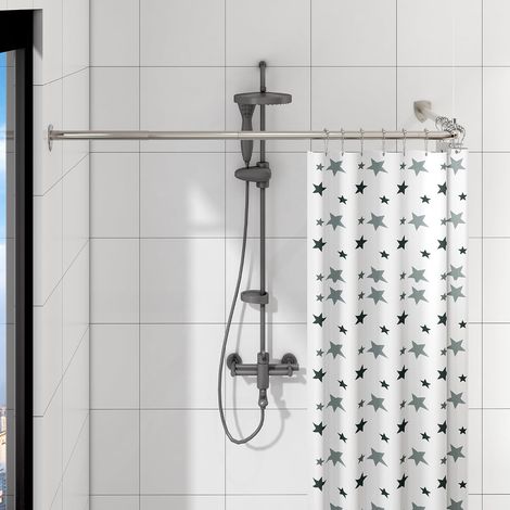 L Forme Tringle à Rideau de Douche, barre de douche extensible pour salle de bain, acier inoxydable avec 12 crochets à anneaux et support plafonnier (Argent, 60-130cm x 60-130cm) (1/5)