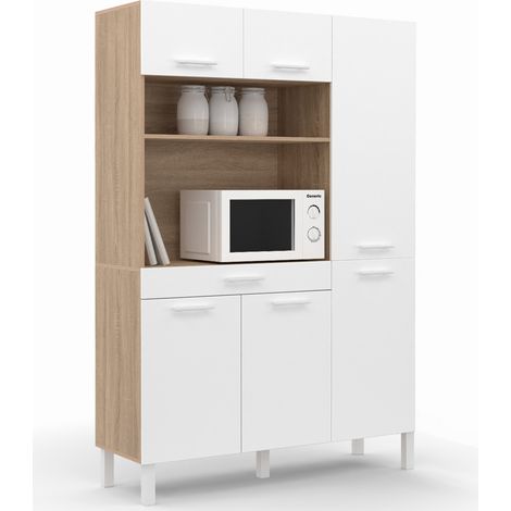 Idmarket – Buffet de cuisine colonne de rangement 120 cm – 6 portes + tiroir – Façade hêtre et blanc – Dimensions 120x40x177 cm
