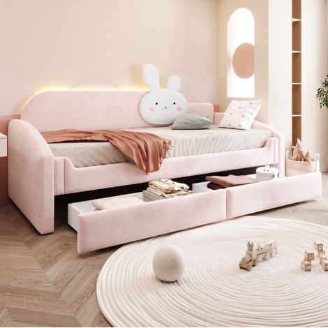 Lit banquette enfant 90x200 cm rembourré avec LED et 2 tiroirs, lit simple en velours avec dossier et accoudoirs, rose (1/5)