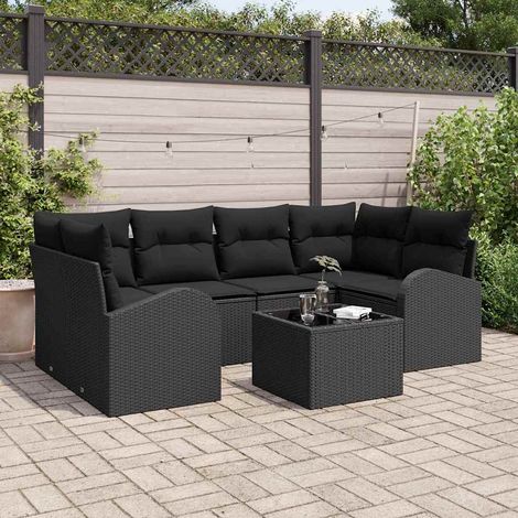 Gartensofa-set mit Speicher 7 pcs Schwarz Poly-Rattan