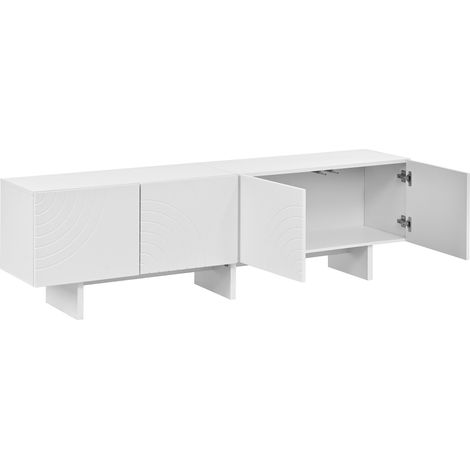 Mueble TV blanco de 4 puertas con relieve geométrico y separador central, 170 x 35 x 50 cm (1/5)
