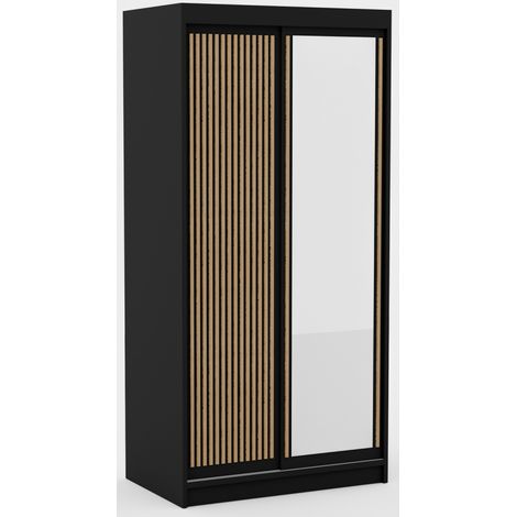 Les Tendances – Armoire coulissante 100 cm avec miroir – 2 portes coulissantes – Panneau stratifié 16 mm – 5 étagères + penderie – Noir/Beige (1/5)