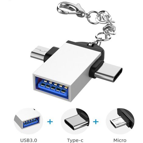2PCS Adaptateur USB 3.0 vers Micro USB et Type C en Alliage Aluminium pour Android, Double Fonction avec Chaîne, Argenté